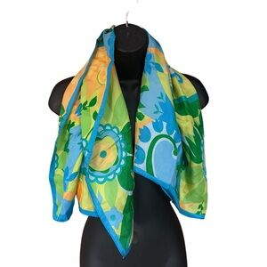 100% Silk Adrienne Landau Vibrant Blue Green and Yellow Floral Scarf Wrap